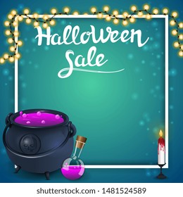 Halloween sale, square template for discount banner with space for your text, witch's pot with potion