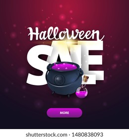 Halloween sale, square web banner with big letters, witch's pot with potion