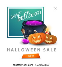 Halloween sale, square white discount banner with witch's cauldron and pumpkin Jack