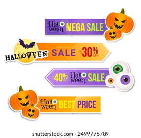 Conjunto de pegatinas de venta de Halloween con Elementos de vacaciones. Plantilla de diseño para la venta de compras, publicidad. Ilustración vectorial