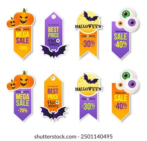 Halloween sale sticker set with holiday elements. Design template for shopping sale, advertising. Vector illustration