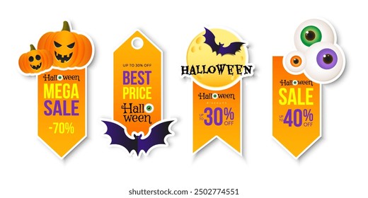 Halloween sale sticker set with holiday elements. Design template for shopping sale, advertising. Vector illustration