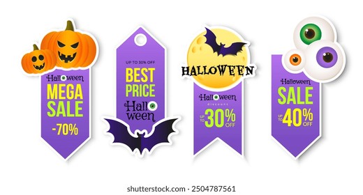 Halloween sale sticker set with holiday elements. Design template for shopping sale, advertising. Vector illustration