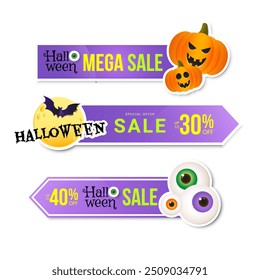 Halloween sale sticker set with holiday elements. Design template for shopping sale, advertising. Vector illustration