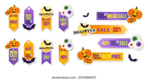 Halloween sale sticker set with holiday elements. Design template for shopping sale, advertising. Vector illustration