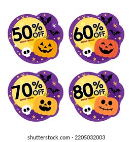 Halloween sale tag. Happy Halloween. Sale Coupon, voucher and tag. Vector illustration. Sale tag 50%, 60%, 70% and 80%
