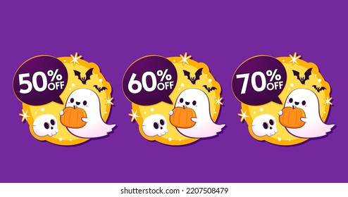 Halloween sale tag. Happy Halloween. Sale Coupon, voucher and tag. Vector illustration. Sale tag 50%, 60%, 70%.