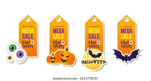 Halloween sale tag or label set with holiday elements. Design template for shopping sale, advertising. Vector illustration