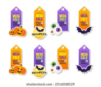 Marca de venda de Halloween ou conjunto de etiquetas com elementos de feriado. Modelo de design para venda de compras, publicidade. Ilustração vetorial