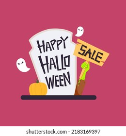 Halloween Sale tag. Halloween Sale Vector Badges and Labels in Retro Style on Light Background. Headstone. tomb. Zombie hand.