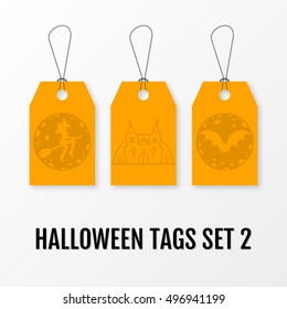Halloween sale tags set vector isolated templates. Sale sticker with halloween elements moon, bat, crosses, castle church, graves, witch on a broomstick. Illustration for 31 october.