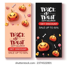 Halloween verkauft Tags Vektorplakatdesign. Promo-Rabatt oder Promo-Rabatt bieten Shopping-Tags Sammlung mit Kürbiselementen. Vektorgrafik-Einladungskarte, auf dem Hintergrund.
