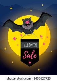 Halloween sale template with cute flying bat. Discount spooky banner, special offer promotions in scary nighttime scene. Party invitation, ad signboard, social media decor on a full moon background