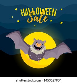 Halloween sale template with cute flying bat. Discount spooky banner, special offer promotions in scary nighttime scene. Party invitation, ad signboard, social media decor on a full moon background