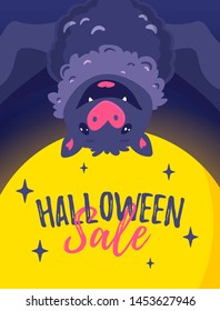 Halloween sale template with cute flying bat. Discount spooky banner, special offer promotions in scary nighttime scene. Party invitation, ad signboard, social media decor on a full moon background