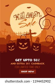 Halloween Sale template design with 50% discount offer, halloween shopping bags on full moon background.