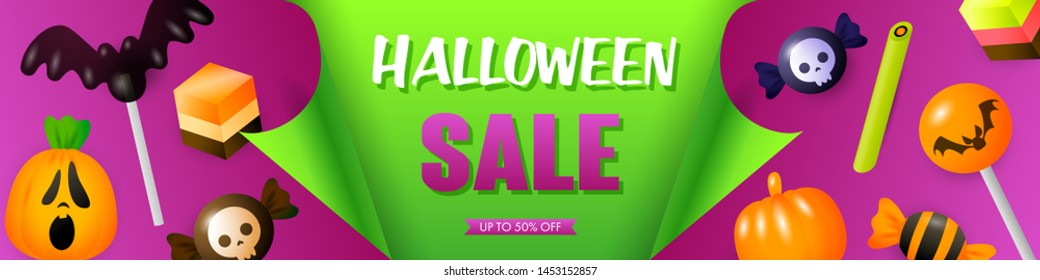 Halloween sale template design with festive treats. Text sample on green paper with candies on purple background. Halloween concept. Vector illustration can be used for banners, posters, brochures