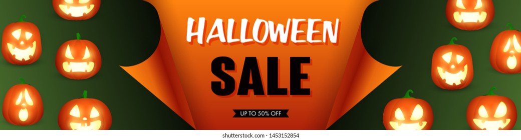 Halloween sale template design with pumpkins. Text sample on orange paper with jack o lanterns over green background. Halloween concept. Vector illustration can be used for banners, posters, brochures
