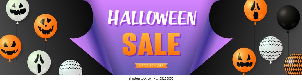 Halloween sale template design with scary balloons. Text sample on purple paper with ghost balloons on gray background. Halloween concept. Vector illustration can be used for banner, poster, brochure