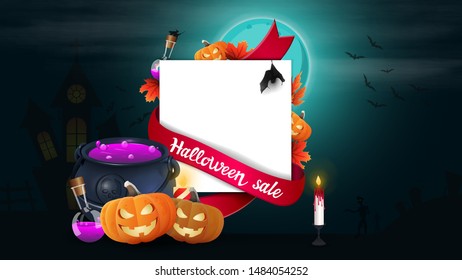 Halloween sale, template for discount banner in the form of a sheet of paper with Halloween decor, witch's pot and pumpkin Jack
