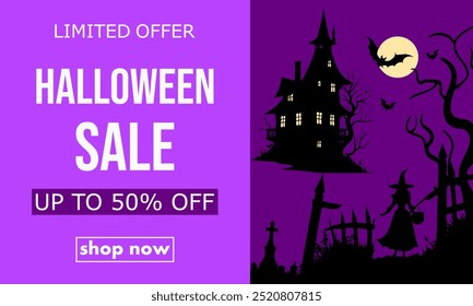 halloween Verkauf, Vorlage Rabatt Banner Design mit Silhouetten von gruseligen Haus, Gräber, Fledermäuse und Hexe zu fördern Käufe in der Herbstsaison. moderne helle Vektorgrafik in violetten Tönen