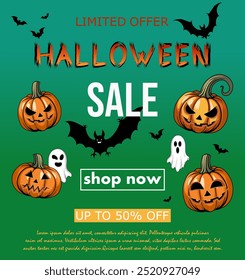 halloween sale, template discount banner design on the background of cute ghosts with bats and carved pumpkins, to promote purchases in the autumn season. bright vector illustration