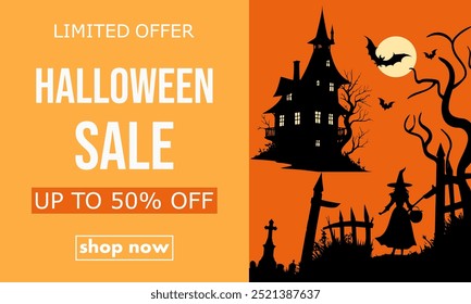 halloween Verkauf, Vorlage Rabatt Banner Design mit Silhouetten von gruseligen Haus, Gräber, Fledermäuse und Hexe zu fördern Käufe in der Herbstsaison. moderne helle Vektorgrafik en Kürbis Orange 