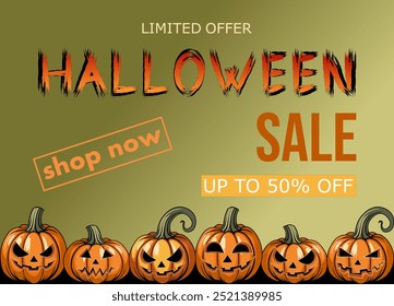 halloween sale, template discount banner design on the background of spooky cartoon carved pumpkins, to promote purchases in the autumn season. bright vector illustration