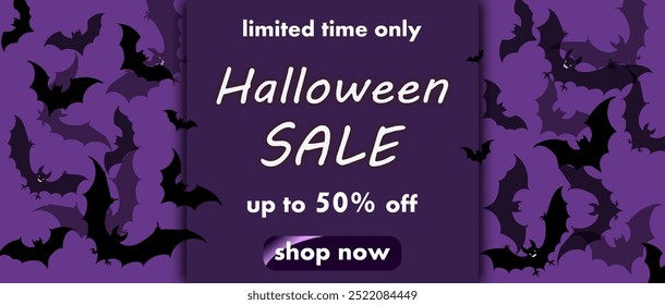 halloween sale, template discount banner design with lots of bats on a dark purple backdrop to promote purchases in the autumn season. modern bright vector illustration en blue purple tones