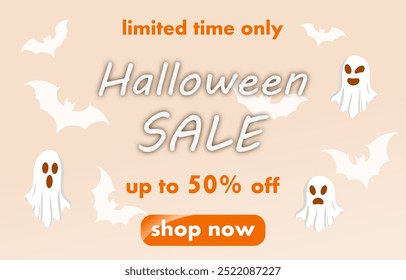 halloween Verkauf, Vorlage Rabatt Banner Design auf dem Hintergrund von vielen sehr niedlichen Geist und Silhouetten Fledermäuse, um Käufe in der Herbstsaison zu fördern. Vektorgrafik in hellen Pastelltönen