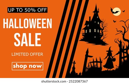 halloween Verkauf, Vorlage Rabatt Banner Design mit Silhouetten von gruseligen Haus, Gräber, Fledermäuse und Hexe zu fördern Käufe in der Herbstsaison. moderne helle Vektorgrafik en Kürbis Orange