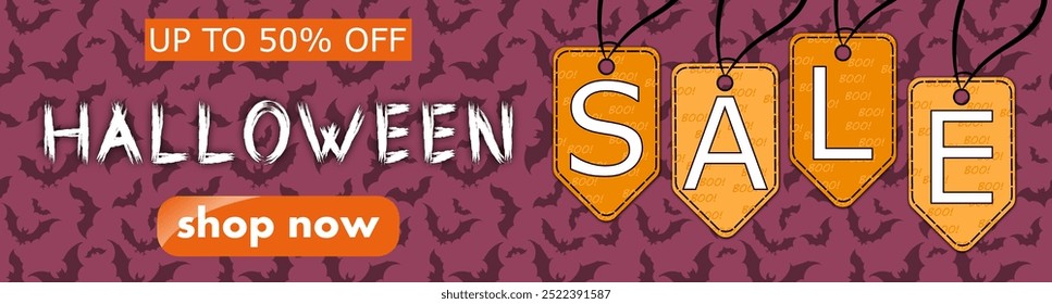 halloween Verkauf, Vorlage Rabatt Banner Design mit Tags SALE auf dem Hintergrund von vielen niedlichen Geist. moderne helle horizontale Vektorgrafik in violetten und orangefarbenen Tönen, Kopfzeile für die Website