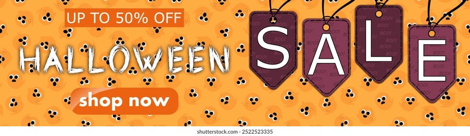 halloween Verkauf, Vorlage Rabatt Banner Design mit Tags SALE auf dem Hintergrund von vielen niedlichen Geist. moderne helle horizontale Vektorgrafik in Kürbis-Orangetönen, Kopfzeile für die Website