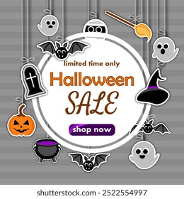 halloween sale, template discount banner design on the background of very cute ghosts with cute round bats, carved pumpkin, the cauldron and the witch's hat. to promote purchases in the autumn season