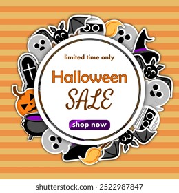 halloween sale, template discount banner design on the background of very cute ghosts with cute round bats, carved pumpkin, the cauldron and the witch's hat. to promote purchases in the autumn season