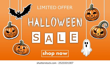 halloween Verkauf, Vorlage Rabatt Banner Design mit geschnitzten Kürbissen, Jack's Laternen, Fledermäuse, Geister zu fördern Einkäufe in der Herbstsaison. moderne helle Vektorgrafik en Kürbis orange Töne