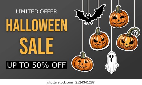 halloween Verkauf, Vorlage Rabatt Banner Design mit geschnitzten Kürbissen, Jack's Laternen, Fledermäuse, Geister zu fördern Einkäufe in der Herbstsaison. moderne helle Vektorgrafik auf Schwarz und Orange