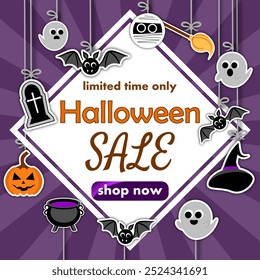 halloween sale, template discount banner design on the background of very cute ghosts with cute round bats, carved pumpkin, the cauldron and the witch's hat. to promote purchases in the autumn season