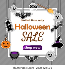 halloween sale, template discount banner design on the background of very cute ghosts with cute round bats, carved pumpkin, the cauldron and the witch's hat. to promote purchases in the autumn season