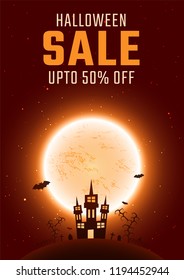 Halloween Sale template or flyer design with 50% discount offer, haunted castle on full moon night background.