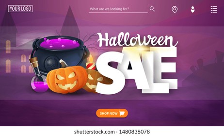 Halloween sale, template the main page of the web site with the discount banner, witch's pot and pumpkin Jack