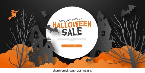 Halloween sale template paper cut illustration of creepy haunted house with bats and witch in 3d papercut art style. Scary abandoned mansion design for online business promotion or web discount.