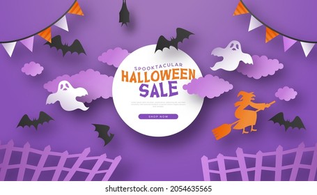 Halloween sale template paper cut illustration. Creepy october decoration with bats, ghost and witch in 3d papercut art style. Scary design for online business promotion or web discount.