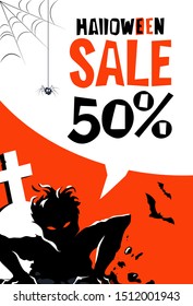 Halloween sale template. Scary zombie getting out from tomb. Mobile website social media banner, poster, email and newsletter design, ad, promotional material. Vector illustrations