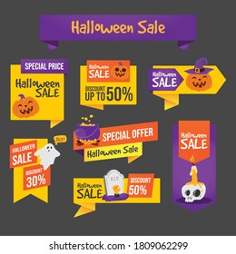 Halloween Sale Template for Social Media. Vector cartoon orange and purple banners with pumpkin, ghost or purple hat and cross tombstone graveyard with Halloween sale lettering