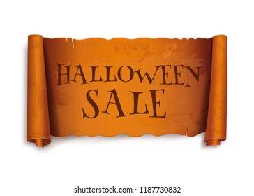 Halloween sale. Text on scroll greeting ribbon. Halloween design. Antique papyrus with inscription. Vintage curved orange banner. Vector illustration isolated on white background