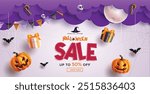 Halloween sale text vector banner design. Halloween discount price offer with pumpkins, gift box and skull hanging elements in clouds paper cut background. Vector illustration shopping flyers design. 