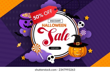 Halloween sale text vector banner design. Halloween shopping discount flyers in circle space for holiday promo advertisement template. Vector illustration season sale in abstract background.
