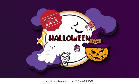 Halloween sale text vector banner design. Halloween scary pumpkin on paper cut clouds ,Happy Halloween Text, Sketchy Font. Happy Halloween poster.Creative sale poster. Abstract backgroun.Eps10