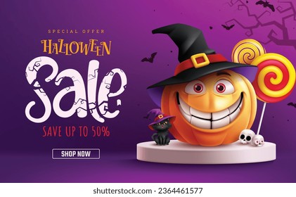 Halloween venta de texto vector diseño de banner. Estadio de podio de Halloween con decoración de caracol de calabaza para publicidad de descuento de compras. Fondo de la pantalla del producto de la ilustración del vector.
